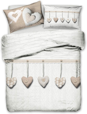 Parure Copripiumino Matrimoniale e Singolo 100% Cotone | Cuori Appesi Beige